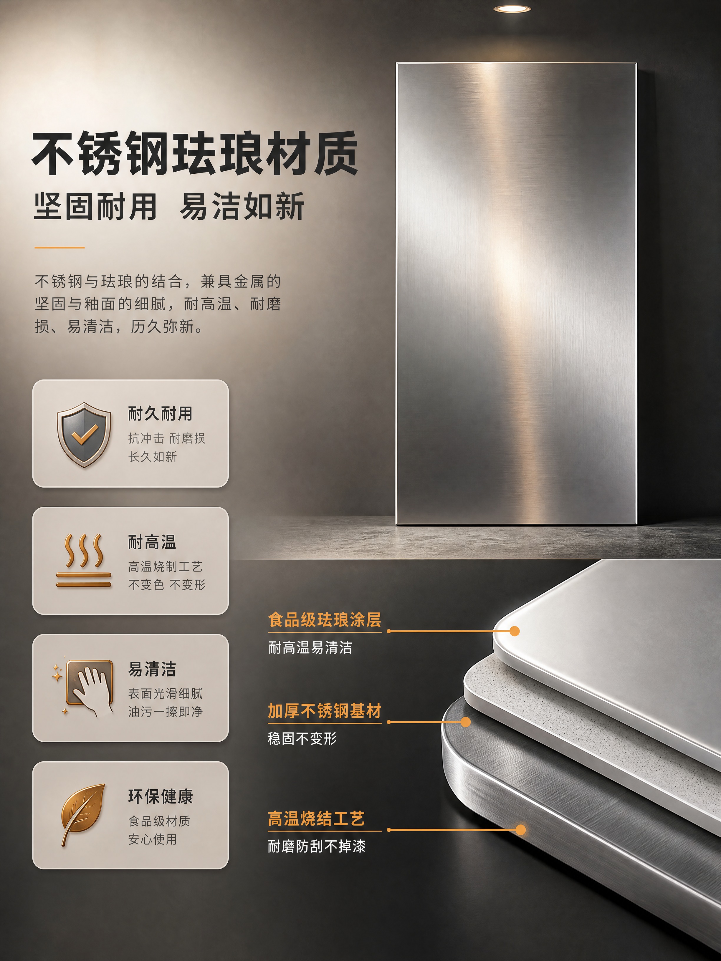 [商品] 使用【图1】不锈钢珐琅板；保留银色金属拉丝质感；右侧… - 图片创意预览