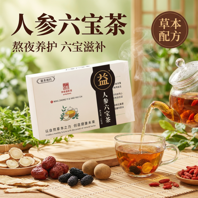 [主图 1] 人参六宝茶产品首图，突出熬夜滋补养生卖点，重新生成构图和氛围
[氛围风格] 传统中式电商茶风，自然草本养生氛围，品质专业感，整体更具食欲感和自然氛围。
[画面元素] 商业摄影质感，光线柔预览效果