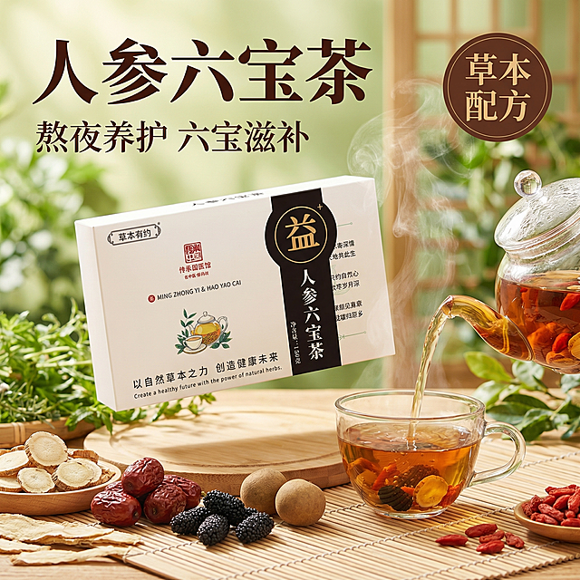 [主图 1] 人参六宝茶产品首图，突出熬夜滋补养生卖点，重新生成构图和氛围
[氛围风格] 传统中式电商茶风，自然草本养生氛围，品质专业感，整体更具食欲感和自然氛围。
[画面元素] 商业摄影质感，光线柔和通透，产品清晰真实，画面干净高级。人参六宝茶包装盒居中悬浮展示，搭配一杯冒着热气的泡好的茶汤，周围散落真实原料红枣、桑葚、桂圆、枸杞、人参，背景为自然竹编垫+虚化绿植背景，柔和自然暖阳逆光，凸显通透质感，产品包装盒外观保持和参考图一致。大图满铺无边框。
[配色色系] 主色调：自然浅绿、原木暖棕；辅助色：原料自然红褐、米白底色。
[视角构图] 平视斜拍角度，悬浮动态构图，景深适中，产品完整居中。
[文字版式] 左上负空间左对齐，主标题 "人参六宝茶" 大号深棕粗体书法字，副标题 "熬夜养护 六宝滋补" 小号深棕色字，右上角标签 "草本配方" 深底浅字圆形标签。文字不遮挡产品主体，深浅对比清晰醒目。
[比例分辨率] 1:1 比例，2k 分辨率；文字清晰可辨，超高清。
[负向提示词]变形，水印，文字错乱，产品图模糊，背景杂乱，文字遮挡主体。