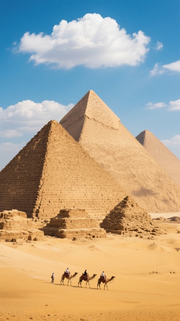 写实风格摄影，埃及吉萨金字塔群全景，三座巨大的石灰石金字塔巍峨耸立在金黄色沙漠中，塔身呈完美的等腰三角形，表面由规则排列的巨大石块构成，细节清晰可见，底部有较小的金字塔和遗迹。画面下方沙漠中有一队骑着骆驼的旅人，骆驼和人影形成小巧的点缀，增添生活气息。天空湛蓝，飘着几朵蓬松的白色积云，阳光明亮，在金字塔西侧投下清晰的阴影，沙漠地面呈现温暖的沙黄色，整体色调以土黄、赭石色和蓝色为主，光影对比强烈……预览效果
