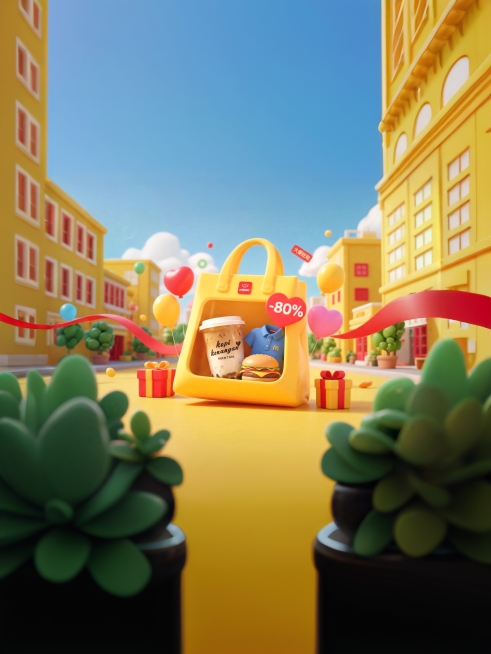 主体购物袋：黄色大型购物袋打开，袋内露出麦当劳logo、Miniso logo、Kopi饮品（红色心形杯身）及POLO T-shirt，袋身贴红色“-80%”标志，商品堆叠呈现“满溢”促销感；
氛围元预览效果
