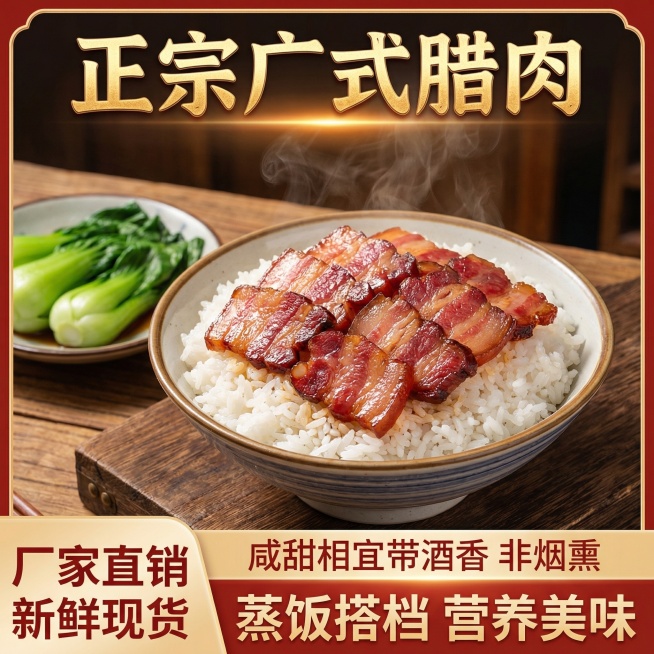 这张图片是产品主体这款产品是广式加瘦腊肉 我需要设计20张主图在拼多多上面售卖    主图场景布局可以用厨房 炒腊肉 腊肉细节等设计一个高级有食欲一些主图文案内容 正宗广式腊肉 厂家直销 新鲜现货 咸预览效果