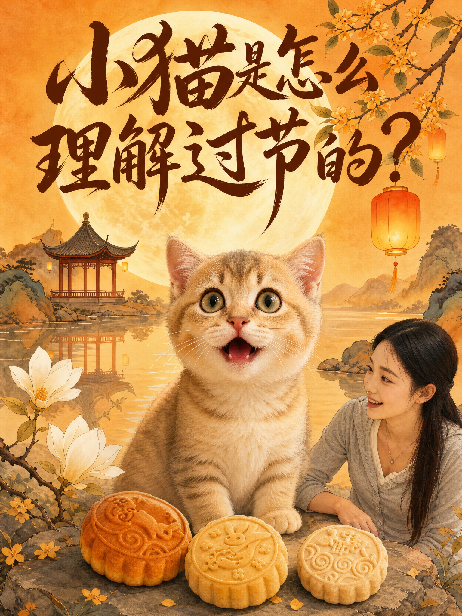 国风新中式工笔风格中秋海报，竖版3:4比例。背景保留第一张图的… - 图片创意预览