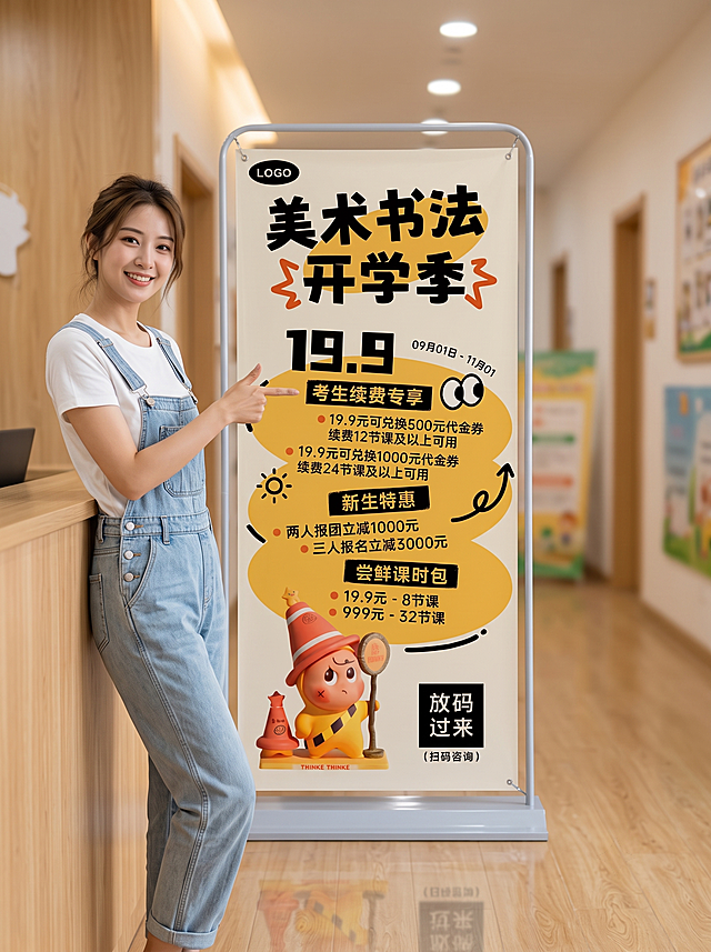教培机构前台场景，把提供的海报原封不动置入立式易拉宝样机，带有银灰色金属底座，立在原木色前台旁，一位青春靓丽穿背带裤内搭白色T恤的女老师侧身靠在前台，微笑着指向易拉宝，背景是暖光虚化的室内机构环境，柔和自然光，浅景深，写实摄影，8K高清，真实质感，小红书教培风样机，比例3比4