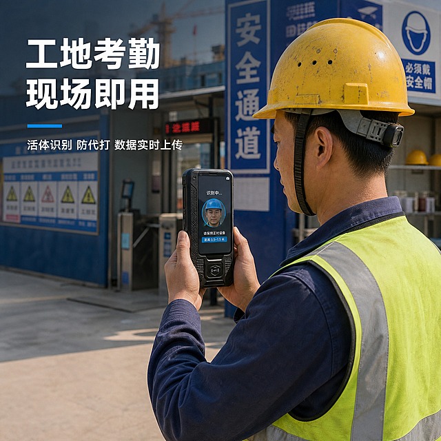 [主图-4] 真实使用场景主图，建筑工地现场工人使用手持考勤机打卡的真实场景。
[统一基调] 专业科技感风格，真实场景背景，主标题白色粗体无衬线字体，辅助文字浅灰色，强调色为科技蓝，整体稳重可靠。
[画面] 真实建筑工地入口场景，背景可见施工围挡、安全帽、工地标识牌，光线为白天自然光。画面中央偏右位置，一位穿着反光背心、戴着安全帽的男性建筑工人（亚洲面孔，30-40岁）正用手持考勤机进行人脸识别打卡，工人双手握持设备，面部朝向设备屏幕，设备屏幕亮着显示识别中界面。工人动作自然，设备握持姿势正确。画面左侧有少量留白用于放置文字。产品外观与输入图一致：黑色三防机身、橡胶纹理、屏幕界面。整体场景真实可信，有工地现场的氛围感。
[光影质感] 真实自然光摄影质感，白天户外光线，人物和设备有自然阴影，产品屏幕有轻微反光，场景景深适中，背景略有虚化突出主体人物和设备。
[配色] 场景色为主（工地灰、安全帽黄、反光背心荧光色），文字白色，强调色科技蓝用于标题高亮。
[文字版式] 左上角放置主标题"工地考勤 现场即用"白色粗体大字，下方副标题"活体识别 防代打 数据实时上传"白色中号字。文字放在画面左侧负空间，不遮挡人物和设备主体。
[输出要求] 1:1正方形，2048x2048，场景真实自然，人物动作合理，产品外观清晰一致，文字清晰，无变形错字，无水印无平台logo，人物面部自然不扭曲。