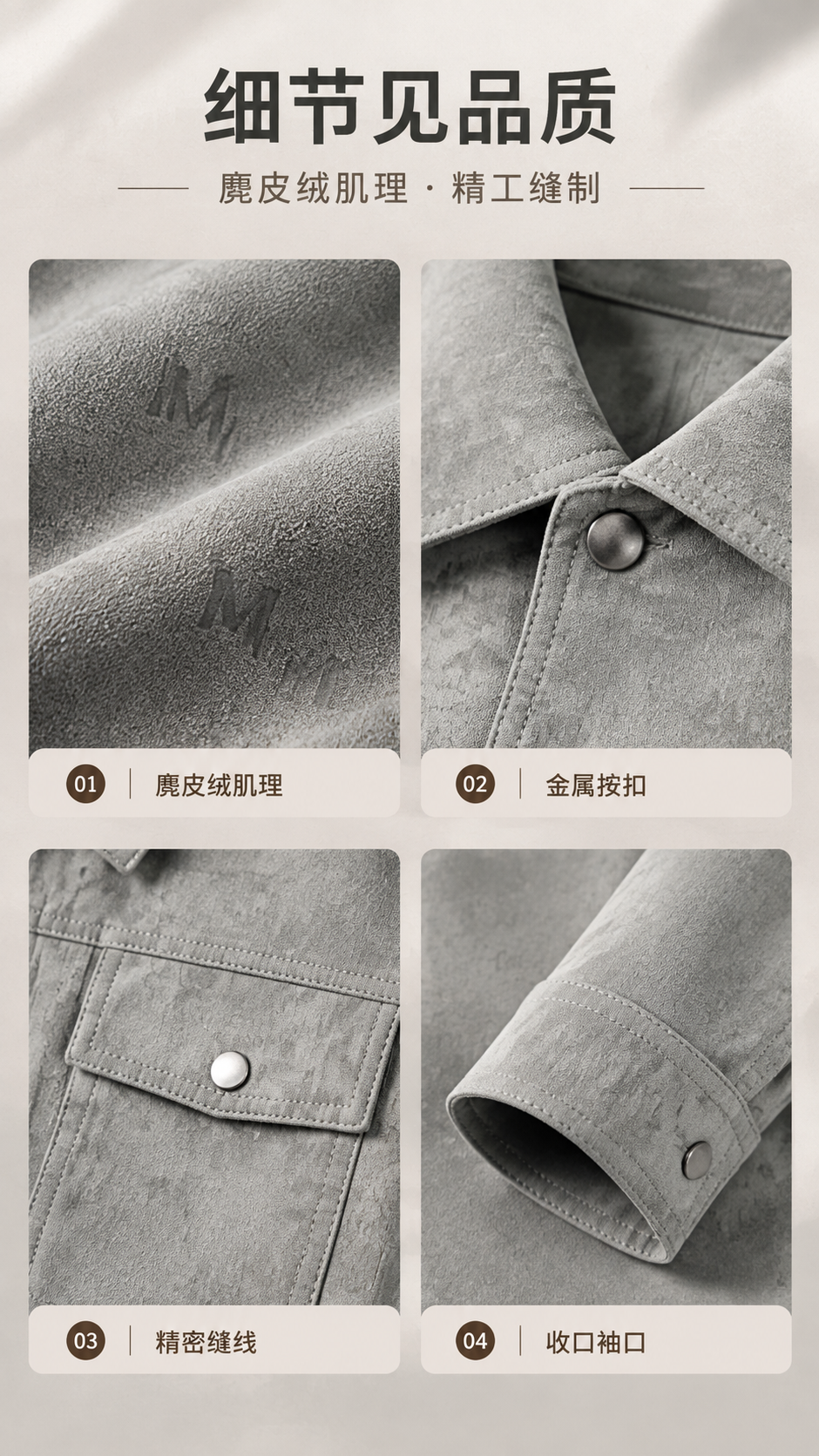 [商品] 使用【图1】浅灰色男士麂皮绒翻领夹克；商品处理：保留… - 图片创意预览