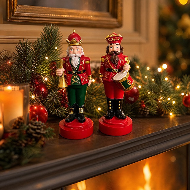 Realistic product photography, two resin nutcracker soldier figurines (trumpet player and drummer) placed on a warm cozy American living room fireplace mantel. The mantel is decorated with Christmas pine garland, glowing small fairy lights, red baubles, and warm soft fire glow from the fireplace below. Shallow depth of field, strong holiday Christmas atmosphere, 8k high detail, e-commerce decor photo. The two nutcracker figurines must retain their exact appearance, colors, proportions and resin material from the reference image: left one with white beard, red and green uniform, golden crown hat, holding golden trumpet; right one with brown beard, all red uniform, red hat with gold trim, holding red-green drum. Product is the clear focal point, placed centrally on the mantel shelf, warm ambient lighting, soft shadows, realistic texture, professional commercial photography. 1:1 square composition, no text, no watermark, no logo.