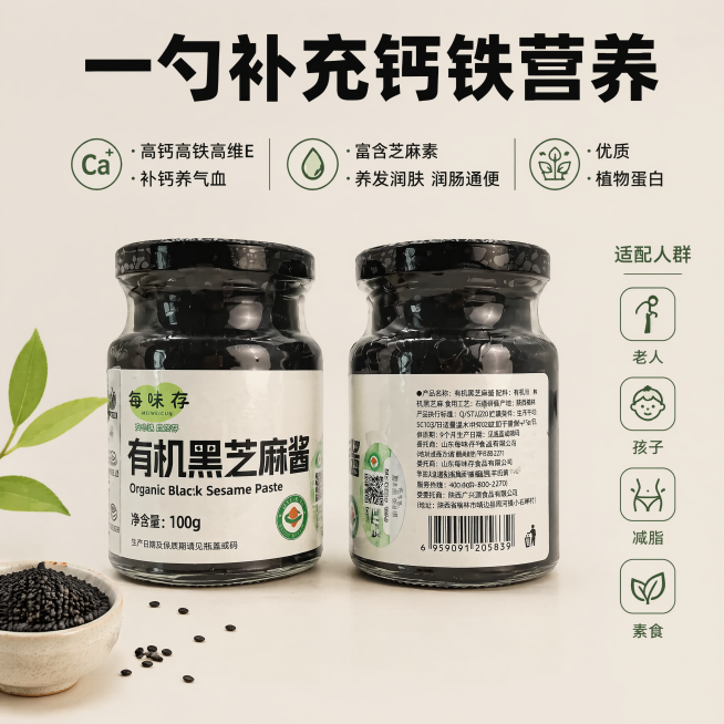[主图-4] 每味存有机黑芝麻酱营养食补人群板块；[氛围风格] 健康生活风，突出营养适配人群；[画质] 商业摄影质感，光线柔和通透，产品清晰真实，画面干净高级；[元素] 保持每味存有机黑芝麻酱产品外观预览效果