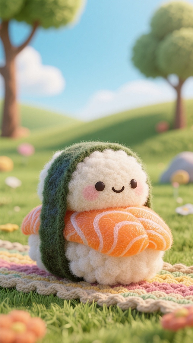 3D卡通风格，拟人化寿司角色，毛发生长效果，可爱笑脸，春日野餐场景。