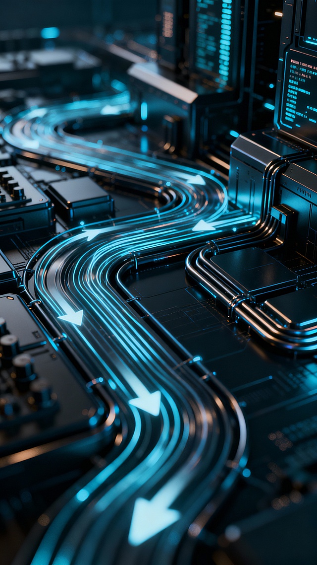 Crypto data flow architecture background, structured data pipelines, directional flow lines, modular system components, high-tech infrastructure visualization, dark technical tone, no charts, no text, vertical 9:16