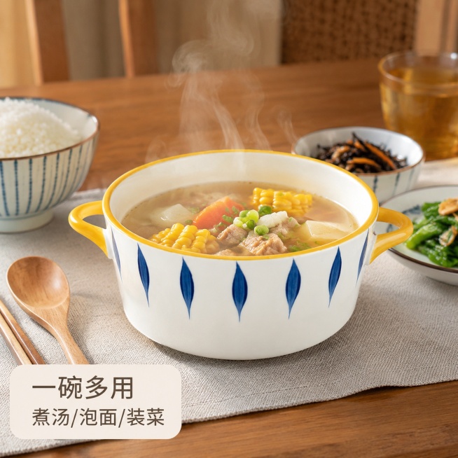 「图片1」，生成一套主图（10张），汤碗家用日式手绘双耳大碗创意餐具个性汤盆陶瓷带盖泡面碗网红   不带耳朵口径尺寸18cm  带耳朵口径尺寸23.5cm 高7.5「图片1」适配拼多多平台，主图比例为预览效果