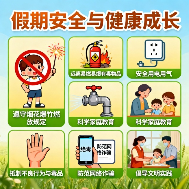 严格遵守各地烟花爆竹燃放的最新规定、不玩氢气球，不玩商品包装防腐剂、干燥剂等易燃易爆及有毒物品。正确使用电、气；注意室内通风，防止煤气中毒。

树立科学家庭教育观念，遵循素质教育理念和未成年人身心发展预览效果