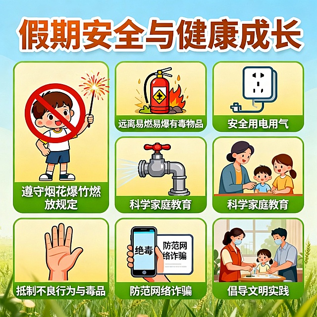 严格遵守各地烟花爆竹燃放的最新规定、不玩氢气球，不玩商品包装防腐剂、干燥剂等易燃易爆及有毒物品。正确使用电、气；注意室内通风，防止煤气中毒。

树立科学家庭教育观念，遵循素质教育理念和未成年人身心发展规律，注重培养孩子良好思想品德、行为习惯和健康身心，促进其全面发展；尊重个体差异，理性确定孩子成长目标；多尊重、多理解，加强平等沟通，讲究教育方式方法。

不欺凌他人，不抽烟、喝酒、打牌、吸毒，不参与迷信、邪教、传销等活动，不沉迷手机、网络，不去网吧、酒吧以及歌舞娱乐场所，自觉抵制色情、暴力游戏。认识滥用含依托咪酯“上头电子烟”等新型毒品和“笑气”（又称一氧化二氮）等非列管物质的严重危害，注意防范“提神”“减肥”“不上瘾”“无毒害”等名义的引诱吸毒骗术。

防范电信、网络诈骗，不轻信网络信息，不传播谣言，不与陌生网友见面。

倡导文明风尚，积极乐观，尊老爱幼，多与父母、亲朋好友沟通交流，科学合理安排假期生活，积极参加志愿服务活动及其他健康有益的社会实践。