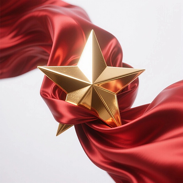 红色飘扬的绸缎缠绕着金色的星星（五边形，五个角），白色背景