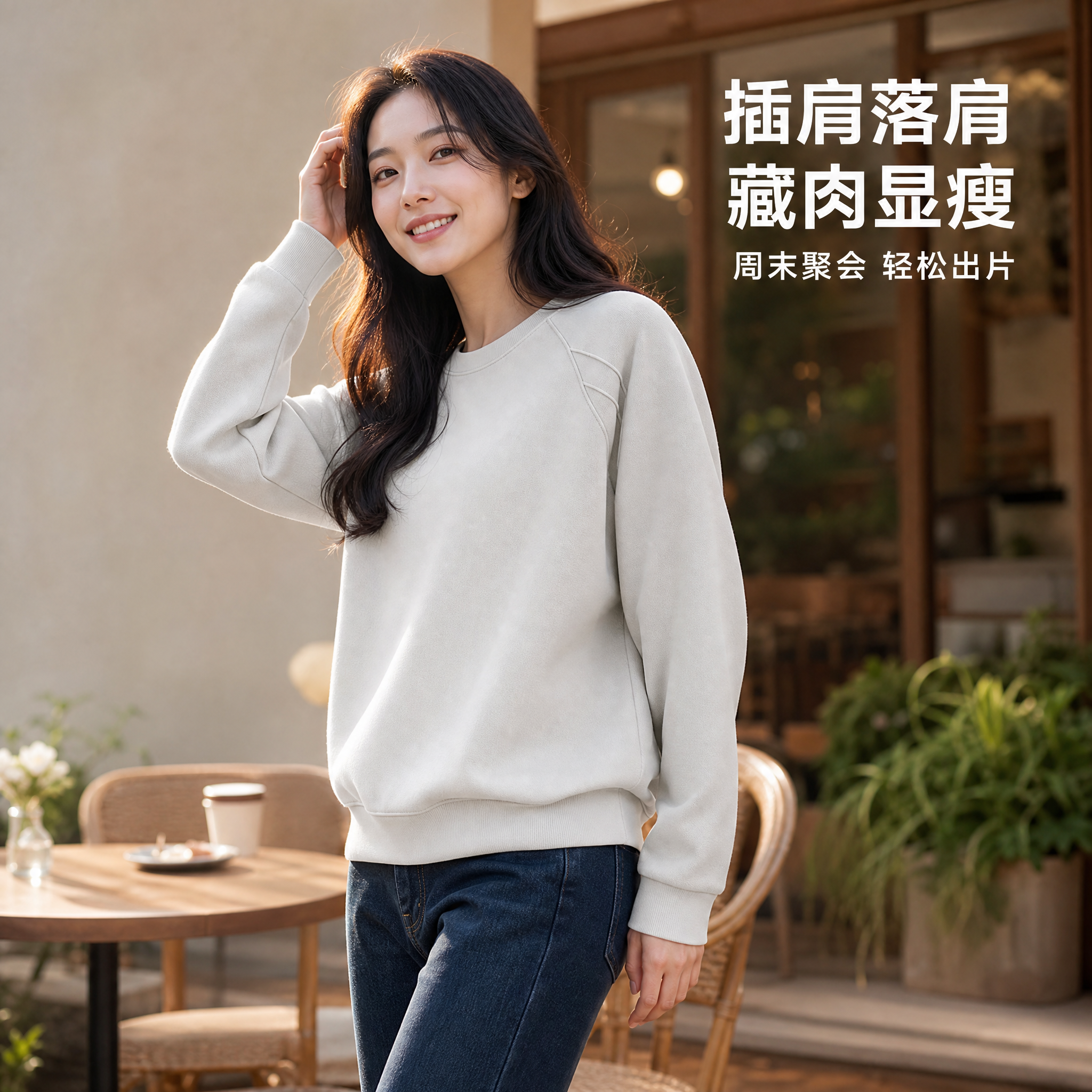 [主图-2] 周末聚会场景 米灰色重磅插肩落肩圆领卫衣穿搭展示… - 图片创意预览