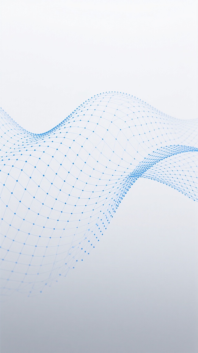 极简风格的抽象背景，由蓝色的点阵和线条构成的波浪状网格图案，从画面底部向上延伸并逐渐变得稀疏，整体呈现出轻盈流动的视觉效果。背景采用纯净的白色渐变，顶部明亮柔和，底部略带灰色调，营造出宁静、科技感与未来感兼具的氛围。网格线条纤细均匀，蓝色纯度适中，点与线的连接自然流畅，形成有节奏的韵律感，画面简洁大方，信息传达清晰直接，具有现代设计感。
