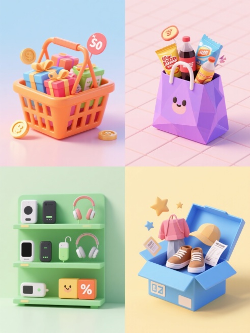 一系列4个商城促销主题3D插画，每个场景独立元素不同，整体风格统一为低多边形Q版卡通3D渲染，圆润可爱的造型，柔和的渐变色彩，高光和阴影过渡自然，材质呈现光滑塑料感，纯色背景（分别为浅蓝、浅粉、浅绿、浅黄），规整网格排布。第一张：橙色购物篮装满彩色商品礼盒、价格标签和金币；第二张：紫色手提袋溢出各类零食包装、饮料瓶和促销优惠券；第三张：绿色货架陈列电子产品配件、耳机、充电宝和折扣标识；第四张：……预览效果