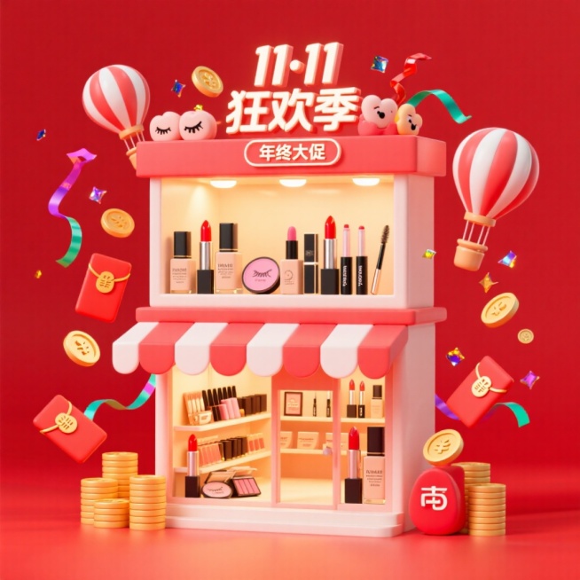 画面主视觉是一家双层美妆店，门店招牌挂着“11·11 狂欢季”下方是小字“年终大促”，一二楼摆放口红、粉底液、眉笔、眼影、腮红等，周围环绕着金币、红包、热气球、彩带亮片等元素，电商红色氛围。预览效果