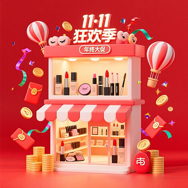 画面主视觉是一家双层美妆店，门店招牌挂着“11·11 狂欢季”下方是小字“年终大促”，一二楼摆放口红、粉底液、眉笔、眼影、腮红等，周围环绕着金币、红包、热气球、彩带亮片等元素，电商红色氛围。