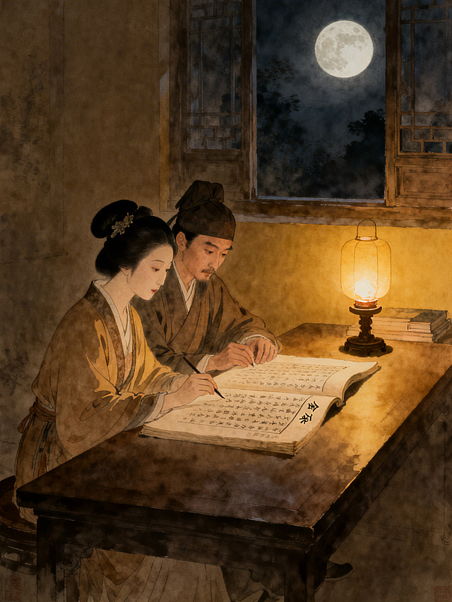夜晚，李清照与赵明诚并肩坐在宽大书案前，两人神情专注，共同面对摊开的《金石录》手稿或金石拓片，低声讨论或执笔记录。一盏温暖的油灯作为主要光源，照亮手稿和他们的侧脸，窗外月色朦胧。画面突出宁静、深耕与默契的陪伴感，新国风工笔水彩风格，色调沉稳以暖黄、深褐为主，光影对比柔和，人物位于画面左侧，右侧有大量留白用于排版