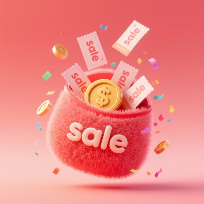 一个红包打开，飞出多张“sale”优惠券，围绕着金币，点缀彩色碎纸，淡红色渐变背景预览效果