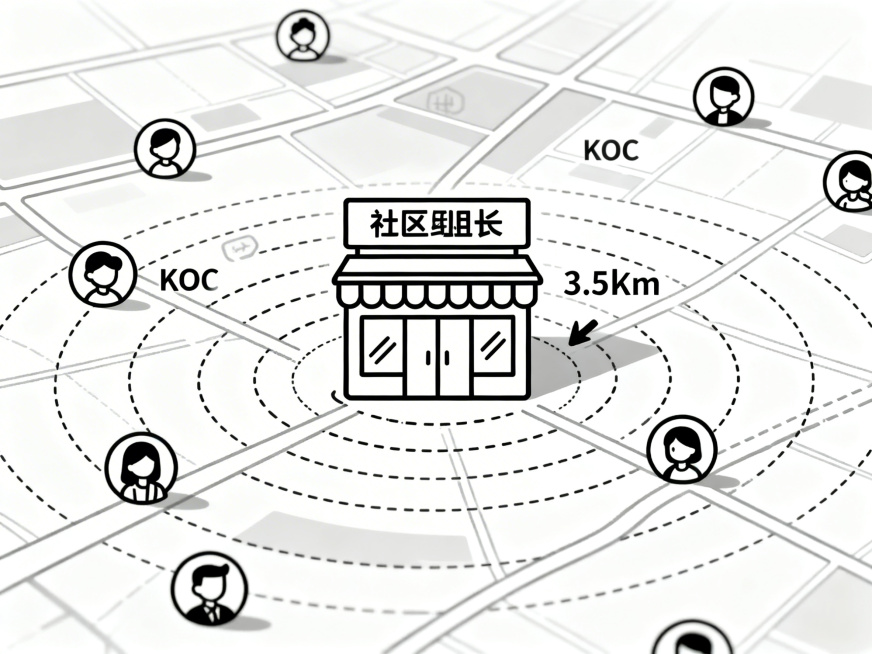 前景是一张以店铺为中心的简易周边地图，店铺为中心向外辐射出3-5公里范围，地图周围散落着社区团长和KOC的头像小图标。整体为加强线性极简漫画风格，纯黑白色调预览效果