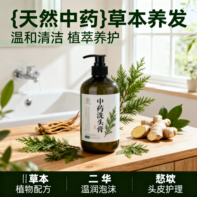 [主图 1] 天然中药洗头膏产品首图；
[氛围风格] 天然草本养生风，清爽洁净；
[画质] 商业摄影质感、光线柔和通透、产品清晰真实、画面干净高级；
[元素] 瓶装中药洗头膏居中放置，瓶身标注"中药洗预览效果