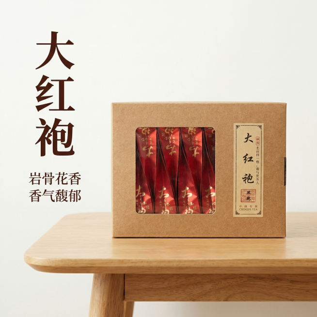 [主图 1 首图场景展示] 大红袍茶叶牛皮纸包装盒产品展示首图，简约干净风格，主体为原产品包装盒，产品外观和原图保持100%一致，包装盒居中放置在纯色浅原木桌面上，背景为干净浅米白色墙面，自然柔和漫射预览效果