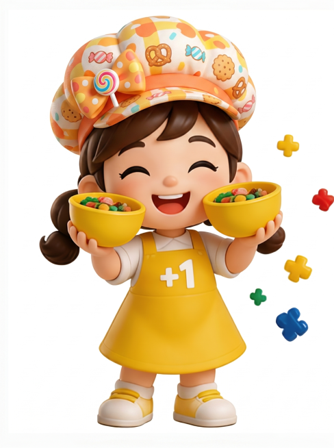 将图中人物的帽子替换成适合零食店形象的可爱俏皮帽子，保持人物整体风格、服装和其他元素不变预览效果