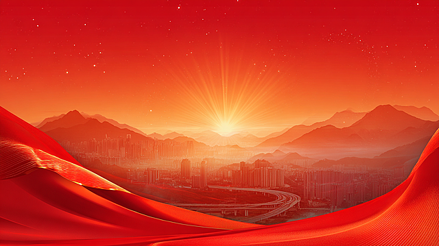 风格：大气庄重的国企党建/会议主视觉背景板，整体色调以金色、红色为主，营造出热烈、奋进、辉煌的视觉氛围。

画面元素：
- 背景占满全屏：墨色渐变的层叠山脉，点缀白色星光粒子，增添梦幻与高级感，远处有柔和的光晕。
- 视觉焦点：画面中央下方有金色放射状光芒，如同日出或旭日，象征希望与力量。
- 前景：一条飘逸的红色绸带贯穿图片，自然灵动，增加动感与层次感。
- 下部场景：半透明红色渐变处理的现代化城市景观，包含高楼大厦、高速公路与桥梁，体现发展与活力。
- 不要加任何文字

整体效果：光影层次丰富，色彩过渡自然，视觉冲击力强，符合国企会议正式、高端、奋进的调性。