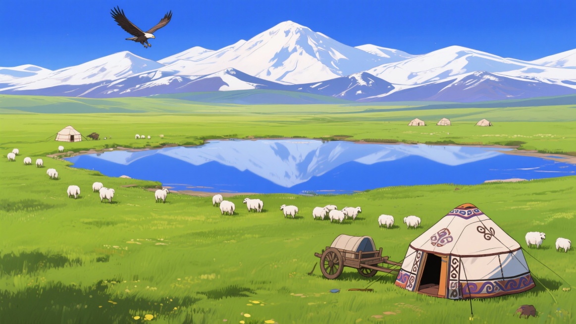 二次元，草原风景，,正面视角细节丰富，绿色和蓝色，民族风，生成2张，不要人，4k，16:9预览效果