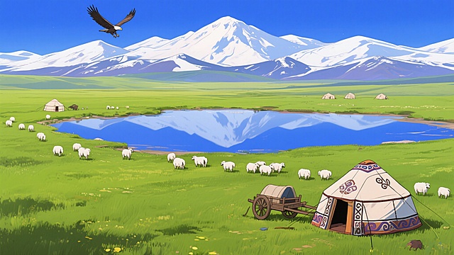 二次元，草原风景，,正面视角细节丰富，绿色和蓝色，民族风，生成2张，不要人，4k，16:9