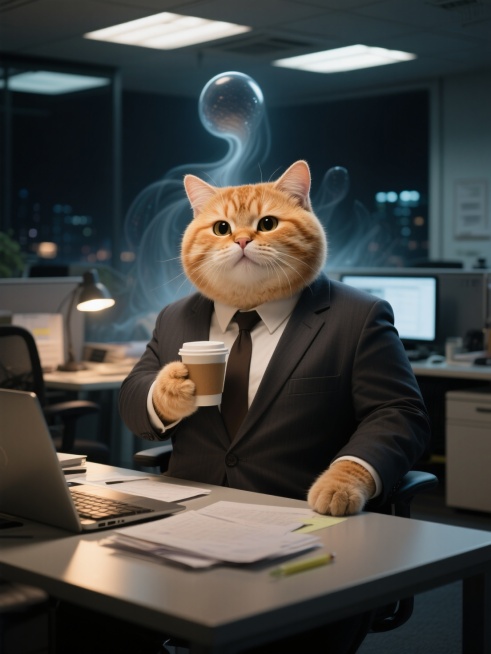 拟人胖乎乎圆滚滚橘猫穿着西装手拿着咖啡，在办公室繁忙的加班，背景夜晚预览效果