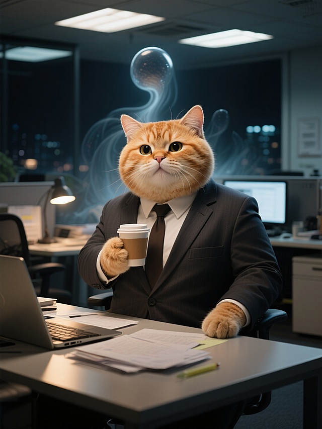 拟人胖乎乎圆滚滚橘猫穿着西装手拿着咖啡，在办公室繁忙的加班，背景夜晚