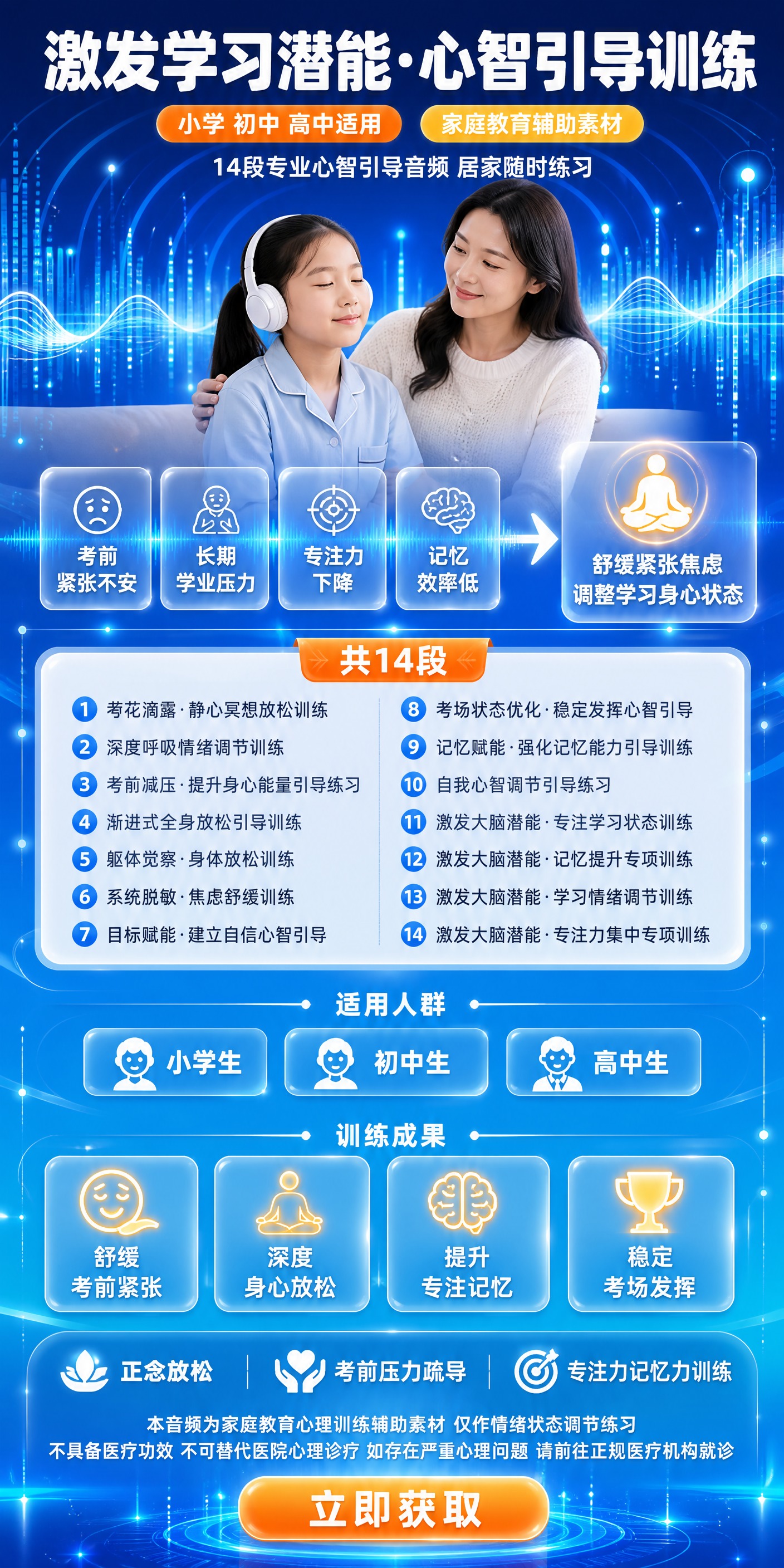 一张激发学习潜能·心智引导训练的竖版详情长图，背景为深蓝到亮蓝… - 图片创意预览