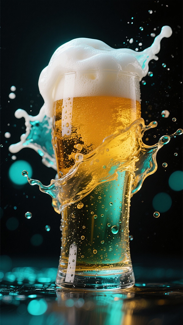 超写实摄影风格，一杯装满琥珀色啤酒的高脚玻璃杯，顶部覆盖着厚实绵密的白色泡沫，大量金黄色的啤酒从杯中飞溅而出，形成动态的弧线和水滴，杯壁上凝结着细密的水珠，背景为深邃的黑色，点缀着散景光斑，整体光影对比强烈，高光处闪耀，阴影部分深沉，保持原有的构图、动态感和细节质感，画面整体色彩变换为清新的蓝绿色调，啤酒液体呈现通透的蓝绿色，泡沫保持洁白，飞溅的液体和水珠带有蓝绿色光泽，背景黑色中融入深蓝绿色调，光斑呈现蓝绿色光晕。
