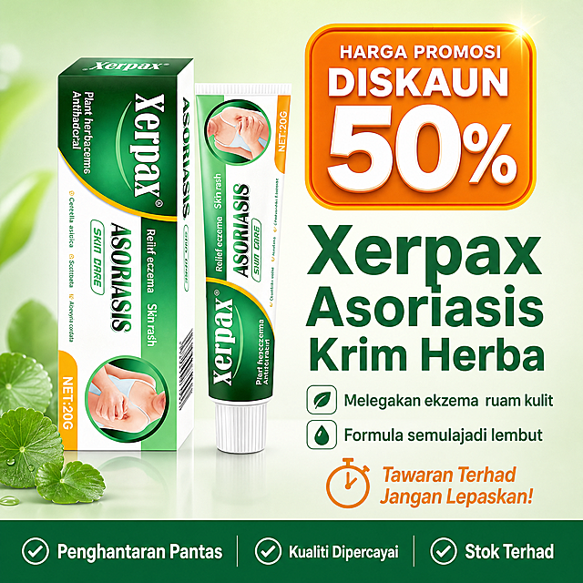 [主图-7] Xerpax Asoriasis Krim Kulit Herba 20g，50%折扣促销图，突出限时优惠与高性价比。
[统一基调] 马来西亚跨境电商主图，马来语文案，明亮清新风格，品牌主色为深绿+白色+橙黄点缀，主标题用干净无衬线粗体深绿色，辅助文字用深灰色，强调色橙黄色，信息组件用圆角浅绿/白底卡片，整体简洁专业，移动端易读。促销图允许更醒目的视觉冲击，但保持品牌调性。
[画面] 浅绿到白色渐变背景，产品外盒+软管组合摆放在画面中央偏左位置，占比约45%。右侧大面积促销信息区：上方一个醒目的橙黄色圆角折扣徽章，中间大号折扣数字，下方促销说明。底部有一条深绿色横幅，展示购买理由。整体视觉冲击力强，促销信息一目了然。
[光影质感] 商业促销图质感，产品光影真实，折扣徽章有光泽和立体感，整体明亮醒目，符合东南亚市场促销视觉偏好。
[配色] 浅绿白渐变背景，橙黄色折扣徽章（主视觉），深绿色标题和底部横幅，白色文字在深色底上，对比强烈，促销感强但不廉价。
[文字版式] 折扣徽章内大号白色粗体字："DISKAUN 50%"，徽章上方小字："HARGA PROMOSI"。产品右侧主标题深绿色粗体："Xerpax Asoriasis Krim Herba"。下方两行深灰色："Melegakan ekzema  ruam kulit"、"Formula semulajadi lembut"。底部深绿色横幅内白色文字："✓ Penghantaran Pantas  ✓ Kualiti Dipercayai  ✓ Stok Terhad"。右下角小字橙黄色："Tawaran Terhad  Jangan Lepaskan!"。所有文字马来语，横排，字号层级分明，促销信息最醒目。
[输出要求] 比例1:1，2048x2048，产品清晰，促销文字醒目锐利，整体有促销感但不杂乱。负向：中文、产品变形、错字、模糊、水印、爆炸贴、廉价感边框、夸张宣传词如"terbaik""no.1"。