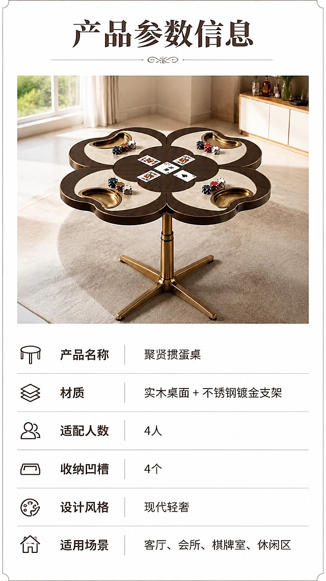 [第8屏] 规格信息卡-聚贤掼蛋桌产品规格与选购信息。本屏使用【图1】作为产品主体。
[氛围/风格] 简洁信息卡片，清晰易读，简约商务质感。
[元素布局] 产品小图放置画面上半部分，保留原图产品完整造型和颜色，下半部分排版规格参数表，清晰列出产品名称、材质、尺寸、适用人数、适用场景等核心信息，排版分区清晰，产品结构与原图一致。
[光影质感] 均匀布光，产品和文字都清晰明亮，无明显暗角。
[配色色系] 全局底色 #FFFFFF；产品保持深棕金色，参数文字深灰色，标题深棕色，简洁干净。
[视角构图] 居中排版，产品在上，参数在下，符合用户阅读习惯。
[文字版式] 顶部主标题「产品参数信息」，下方分栏列出核心参数：产品名称「聚贤掼蛋桌」，材质「实木桌面+不锈钢镀金支架」，适配人数「4人」，收纳凹槽「4个」，设计风格「现代轻奢」，文字清晰整齐，行间距适中，手机端可读。
[比例分辨率] 9:16 竖版比例，4K分辨率，文字清晰可辨，高清画质。
[负向提示词] 产品变形，文字过小，错乱排列，颜色偏差，水印，缺参数。