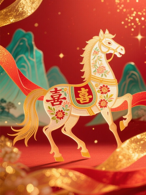 主体是骏马（饰有“喜“吉祥字和花卉纹样），环绕金红渐变的华丽飘带，背景为正红底 + 青绿山水元素，融入细碎金星光效，色调以红、金、青绿为主预览效果