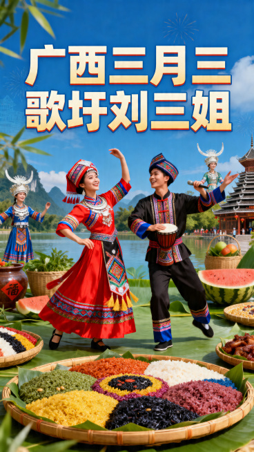 广西三月三节日营销海报，包含五色糯米饭、少数民族传统服饰载歌载舞元素，融入刘三姐文化主题，文字添加"广西三月三 歌圩刘三姐"，整体色彩鲜艳具有民族风情，适合节日营销推广，设计精美构图饱满预览效果
