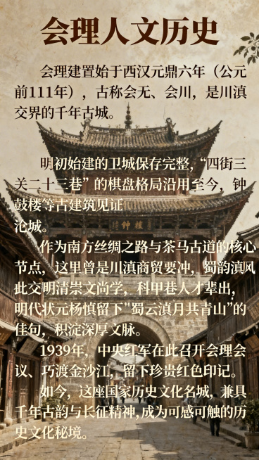 会理人文历史介绍宣传页，背景搭配钟鼓楼、古城街巷的古风质感图片，清晰排版文字内容：会理建置始于西汉元鼎六年（公元前111年），古称会无、会川，是川滇交界的千年古城。明初始建的卫城保存完整，“四街三关二预览效果