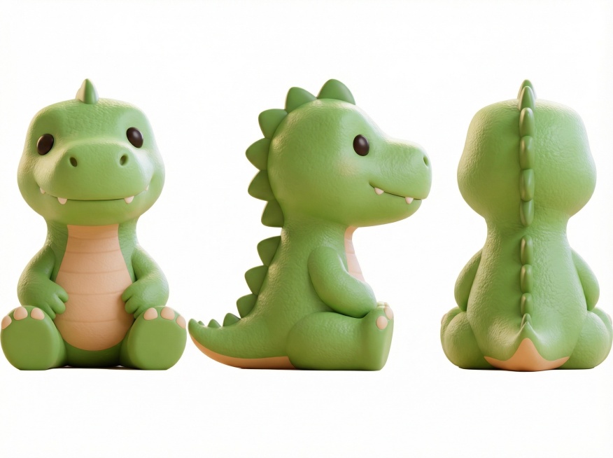 根据图片，生成这只小恐龙的正视图侧视图背视图，三视图预览效果