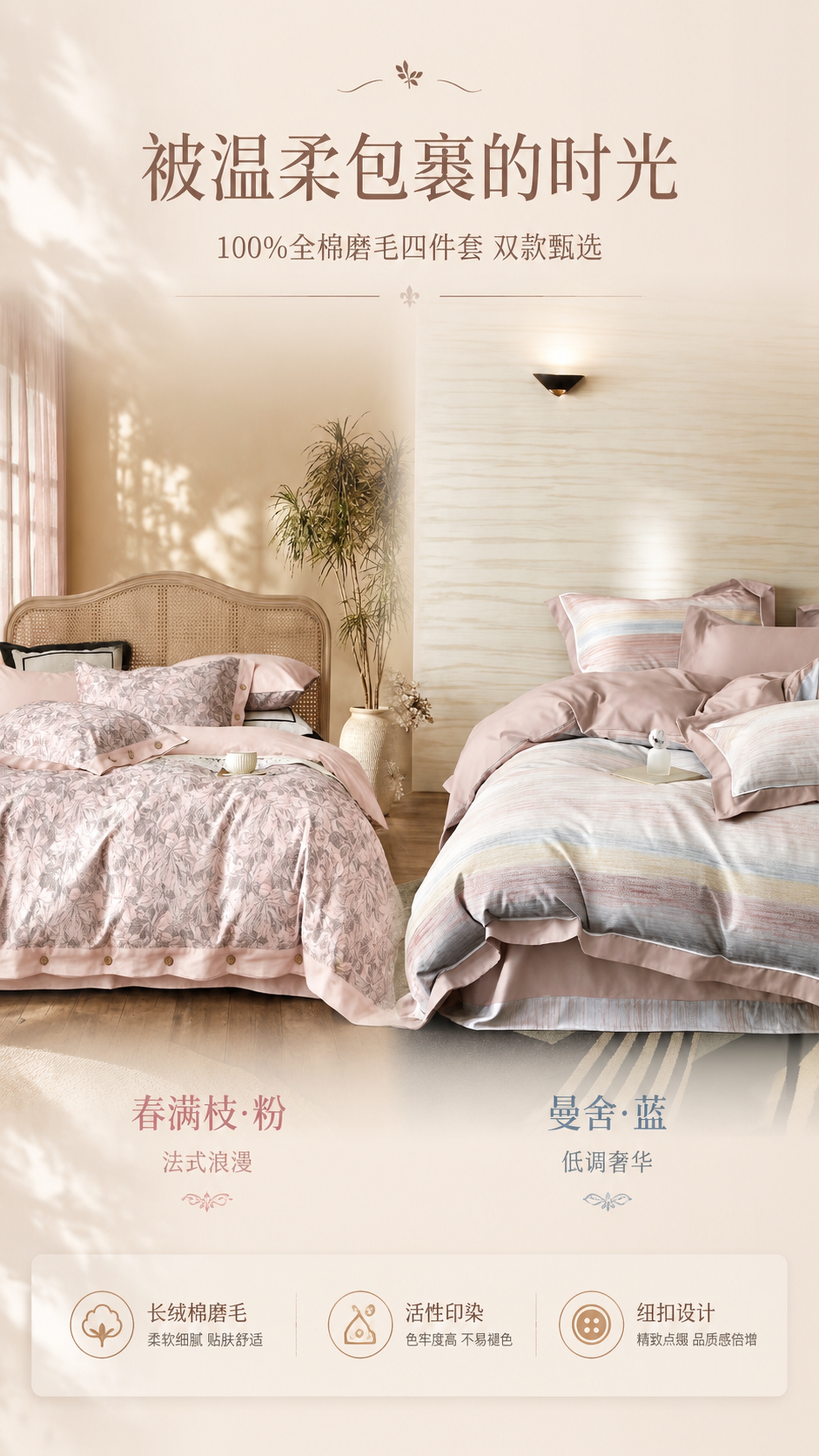 [第1屏] 详情页头图-全棉磨毛四件套双款式主视觉海报。本屏使… - 图片创意预览