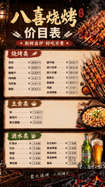在现有八喜烧烤价目表海报基础上，填入所有菜品和对应的价格，保持原有夜市炭火风格和排版结构，所有文字清晰可读，排版整齐。
烧烤类：
花肉 20元/把（10个）
瘦肉 20元/把（10个）
腿穗子 15元预览效果