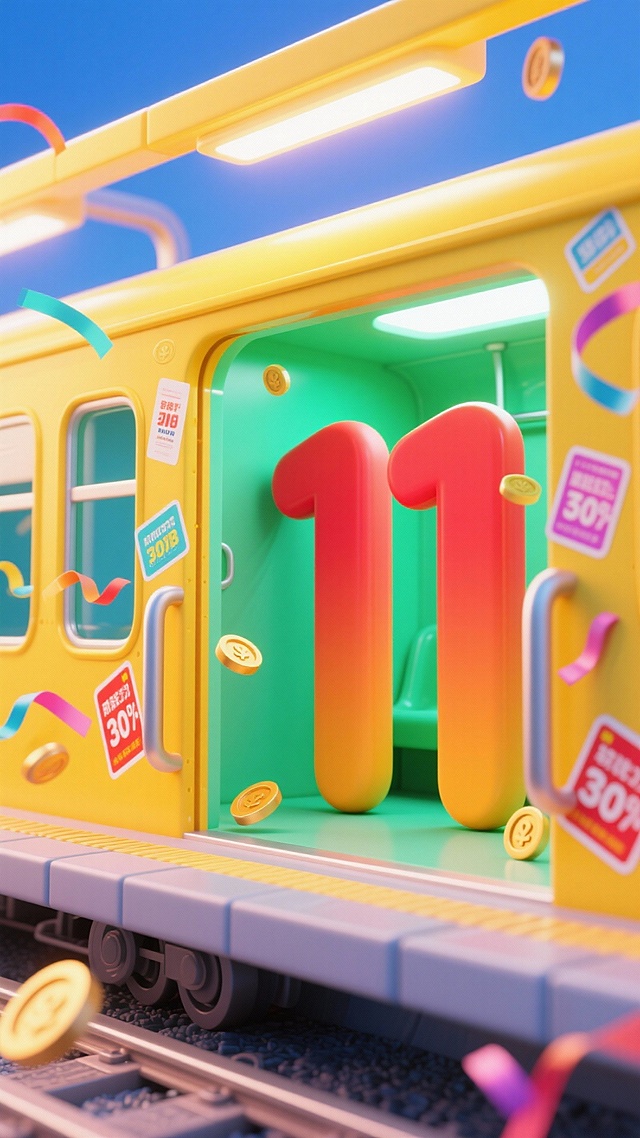 立体数字“11”（红橙渐变）立在荧光绿的车厢里的特写，车厢壁贴满写着促销信息的潮流贴纸，彩带和金币漂浮，视角为从黄色站台看向打开的车厢门，整体呈现黄色调+多彩的撞色配色方案，蓝色背景，促销氛围，辉光