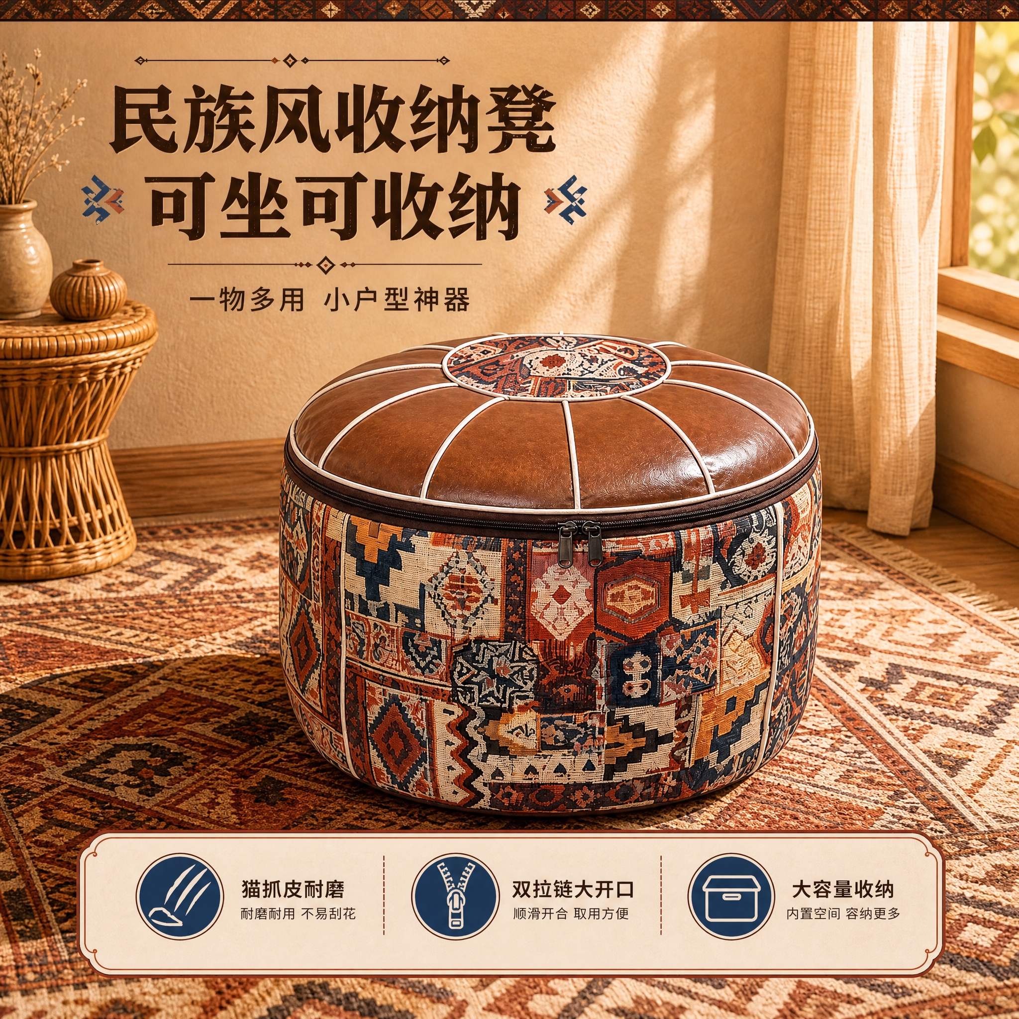 [主图-1] 首图英雄海报：民族风收纳凳场景化展示，突出可坐可… - 图片创意预览
