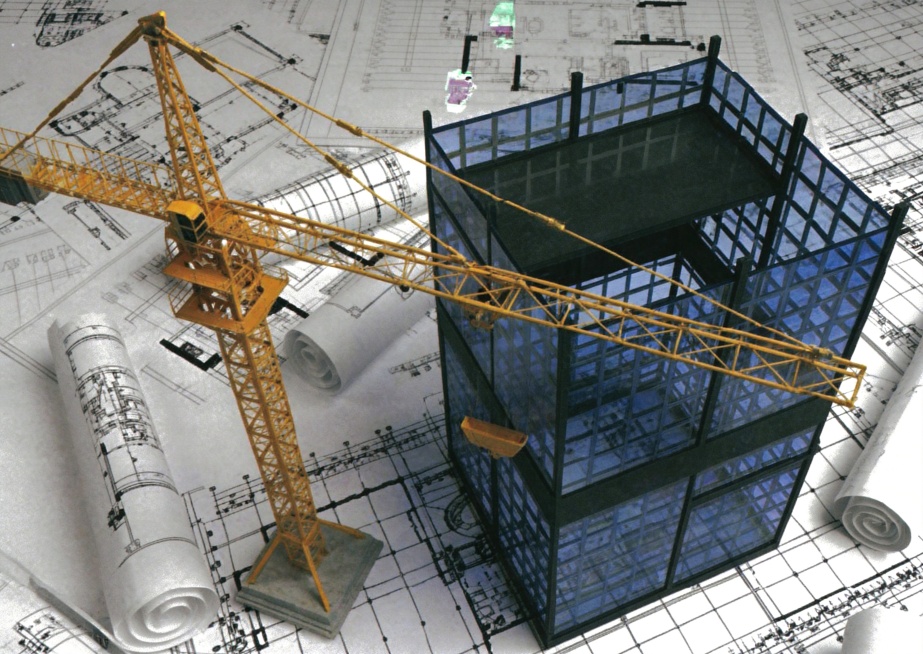 生成和参考图一致的建筑施工3D模型场景，保留黄色塔吊、蓝色玻璃幕墙建筑模型、背景建筑图纸卷轴，去除可能存在的文字区域，高清4K画质，适合印制画册预览效果