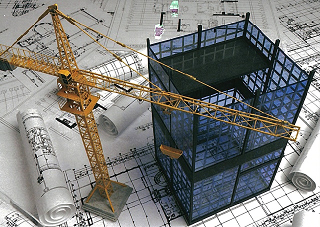 生成和参考图一致的建筑施工3D模型场景，保留黄色塔吊、蓝色玻璃幕墙建筑模型、背景建筑图纸卷轴，去除可能存在的文字区域，高清4K画质，适合印制画册