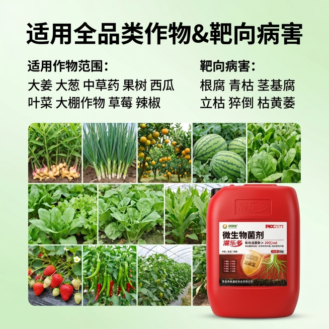 [主图 3] 适用作物与针对性病害展示图，灌乐多微生物菌剂。
[氛围风格] 清晰直观，专业农业产品展示
[画质] 商业摄影质感、光线柔和通透、产品清晰真实、画面干净高级
[元素] 产品瓶身放在右下角，预览效果