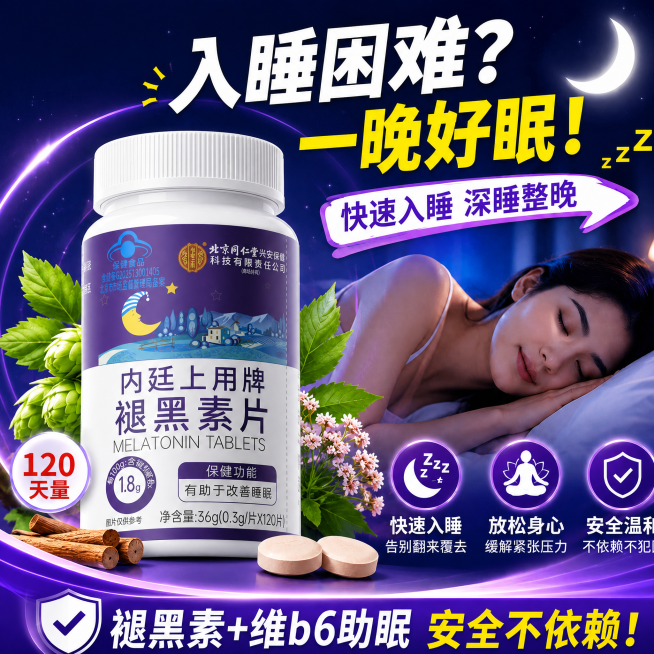 替换产品为图二的褪黑素片产品，产品角度和原图一产品角度一致。修改文字：将'天然草本助眠'改成'褪黑素+维b6助眠'，删除左上角swisse LOGO标识，把左边下部'草本精华'改成红色字体的'120天预览效果